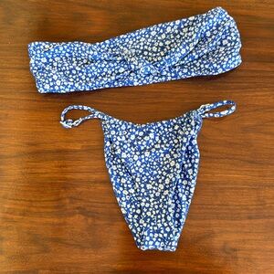 Stone fox Swim blue floral bikini with bandeau & adjustable bottoms, size M